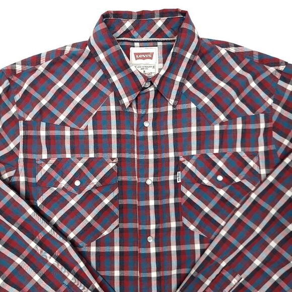 Levis Pearl Snap Western Plaid Button Shirt Mens Small Red Blue USA Rodeo - Picture 2 of 7